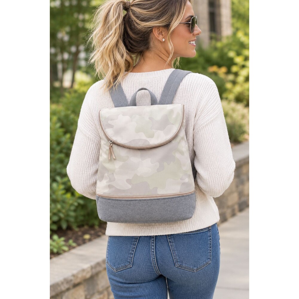 👜 Stella & Dot Crush It Camo Backpack Gray Zip Top Multi Pockets Heathered Base